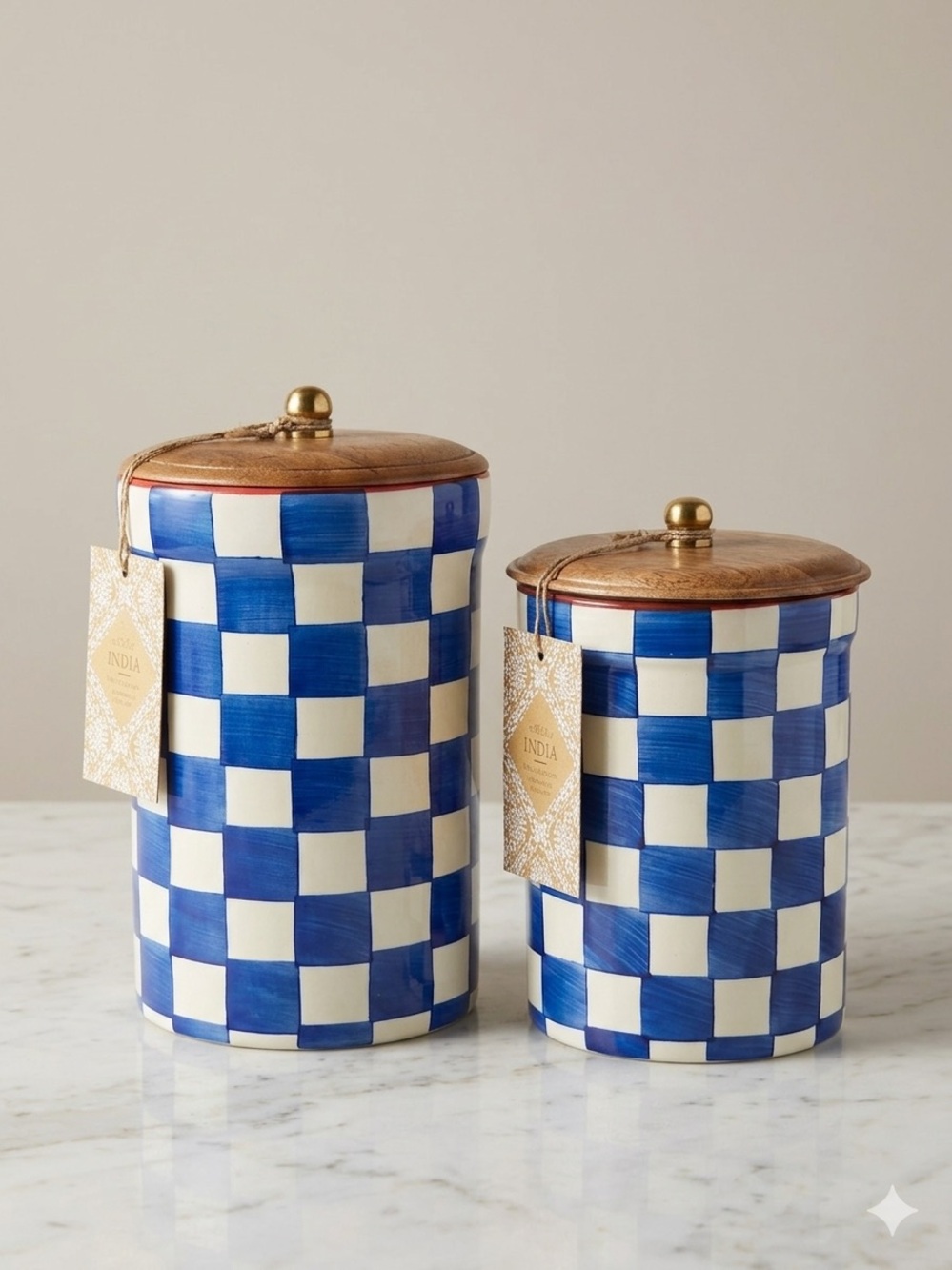 Blue & White Check Canisters with Wood Lids - Set of 2 (Large & Medium)